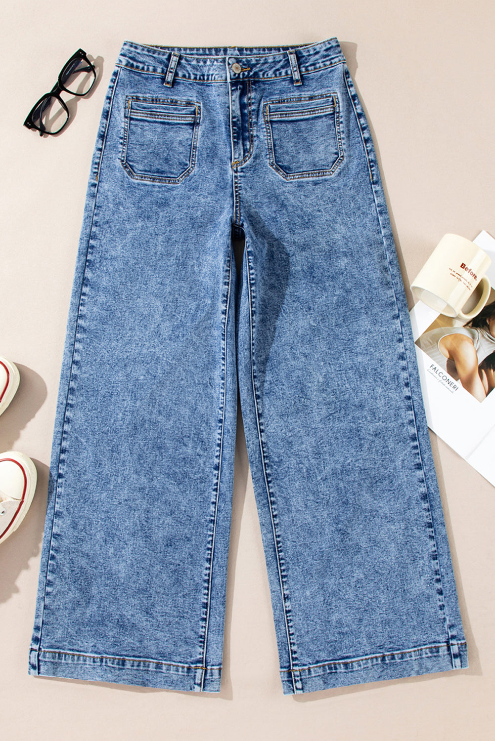 Blue Chic Patch Pocket Straight Leg Loose Jeans Jeans JT's Designer Fashion
