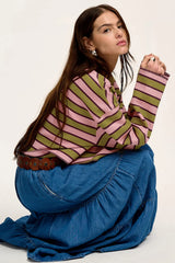 Spinach Green Clashing Stripes Waffle Texture Notched Neck Long Sleeve Top Long Sleeve Tops JT's Designer Fashion