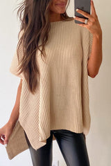 Apricot Short Sleeve Side Slit Oversized Sweater Sweaters & Cardigans JT's Designer Fashion