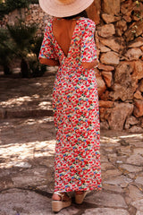 Red Floral Half Sleeve Deep V Neck Cutout Back Split Maxi Dress Floral Dresses JT's Designer Fashion