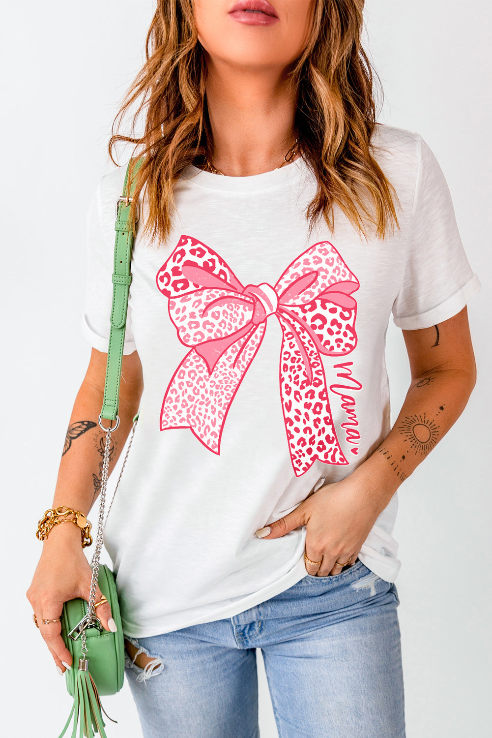 White Leopard Bow Graphic Mothers Day Fashion T Shirt Graphic Tees JT's Designer Fashion
