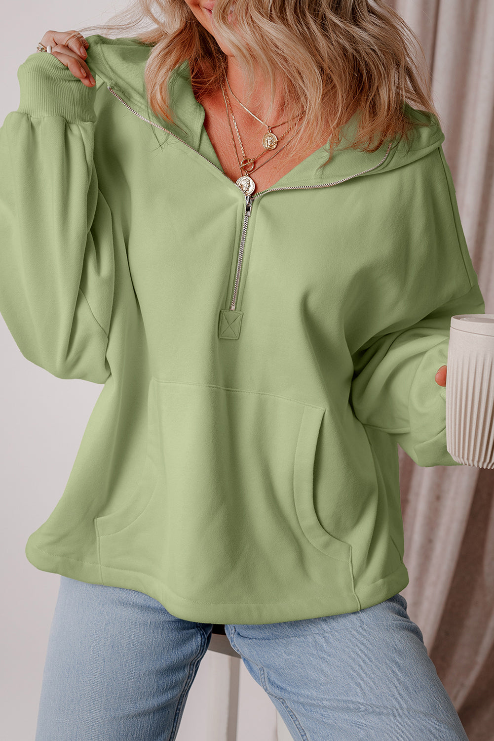 Smoke Green Fleece Lined Half Zipper Kangaroo Pockets Loose Hoodie Sweatshirts & Hoodies JT's Designer Fashion
