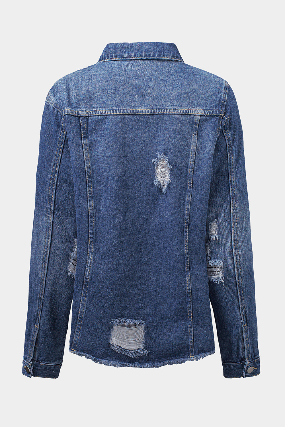 Blue Lapel Distressed Raw Hem Buttons Denim Jacket Denim Jackets JT's Designer Fashion