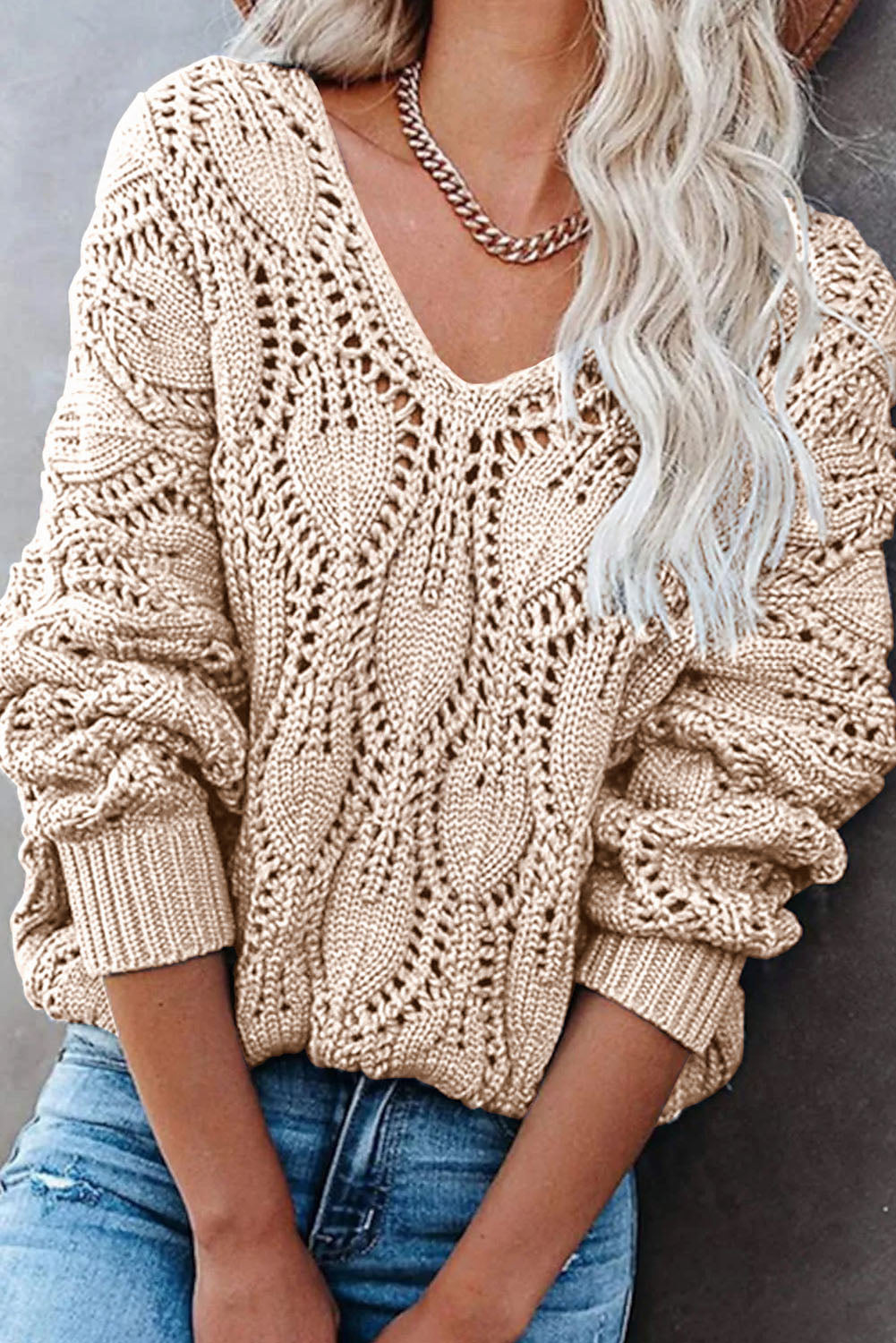 Apricot Crochet Knit Ribbed Hem Hollow-out Sweater Sweaters JT's Designer Fashion