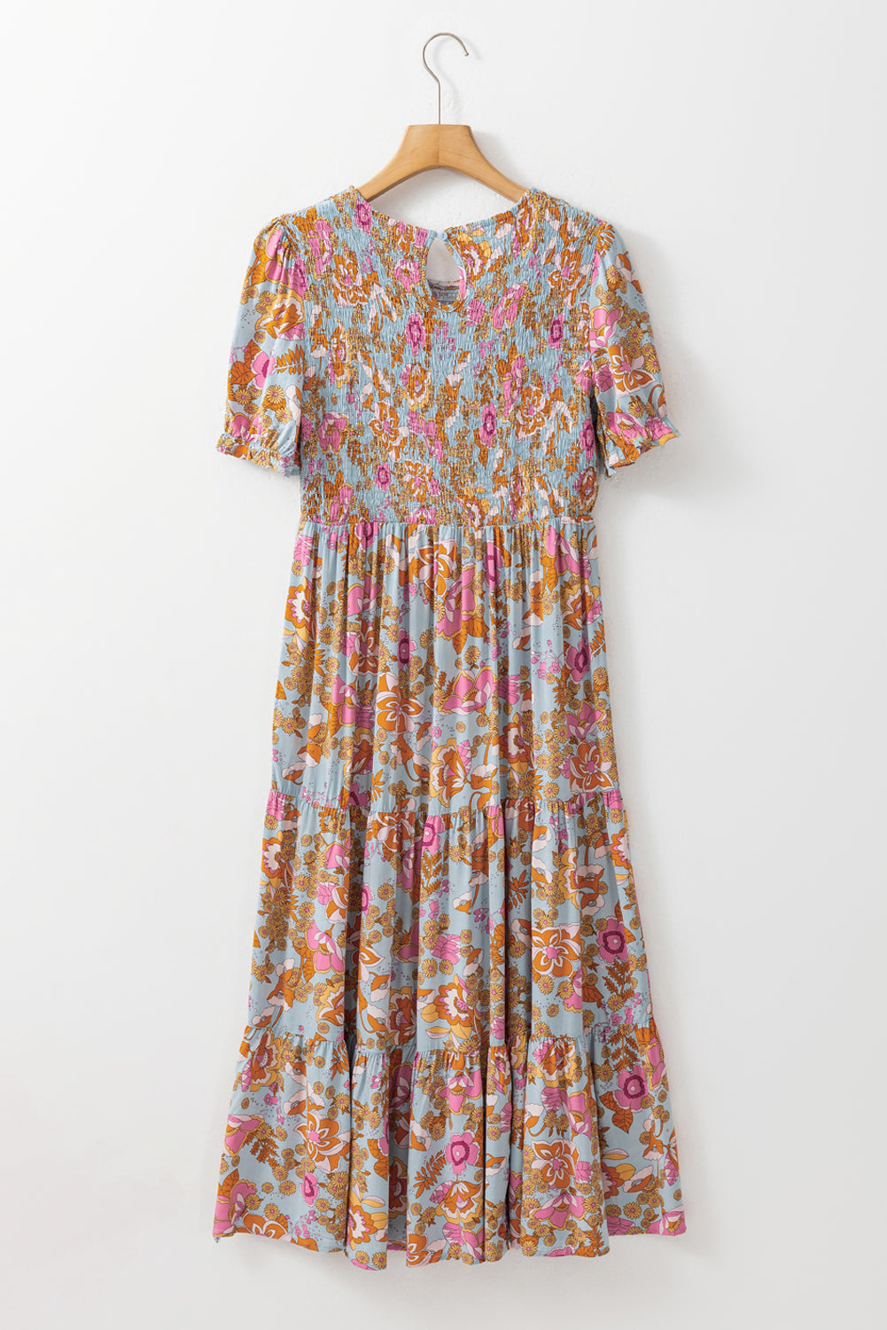 Sky Blue Floral Bubble Sleeve Smocked Flowy Ruffle Dress Floral Dresses JT's Designer Fashion