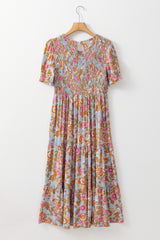 Sky Blue Floral Bubble Sleeve Smocked Flowy Ruffle Dress Floral Dresses JT's Designer Fashion