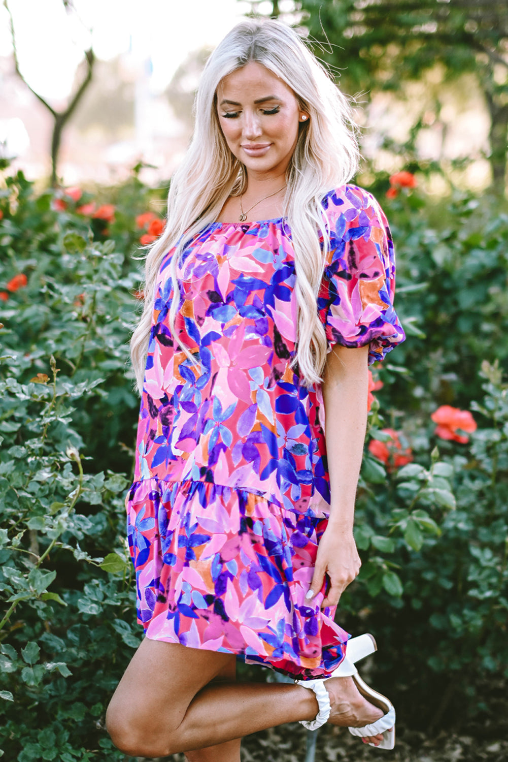 Purple Flower Print Short Puff Sleeve Ruffled Dress Floral Dresses JT's Designer Fashion