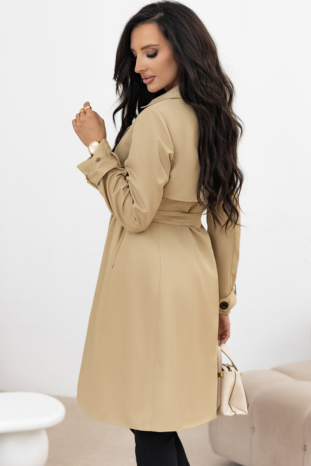Pale Khaki Solid Color Lapel Collar Waist Tie Wind Coat Coats JT's Designer Fashion