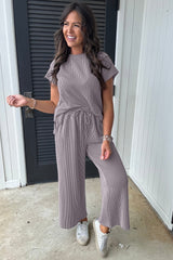Wild Wind Solid Corded Knit Short Sleeve T Shirt and Wide Leg Pants Set Pant Sets JT's Designer Fashion