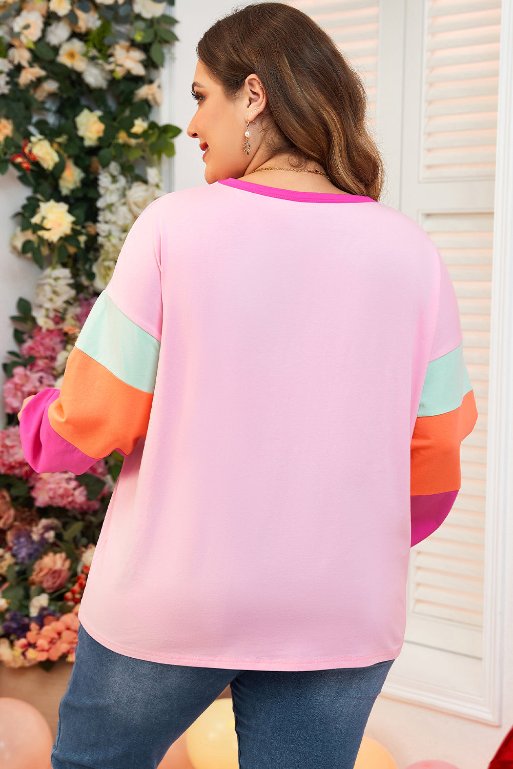 Pink Colorblock Patchwork Long Sleeve Plus Size Top Plus Size Long Sleeve Tops JT's Designer Fashion