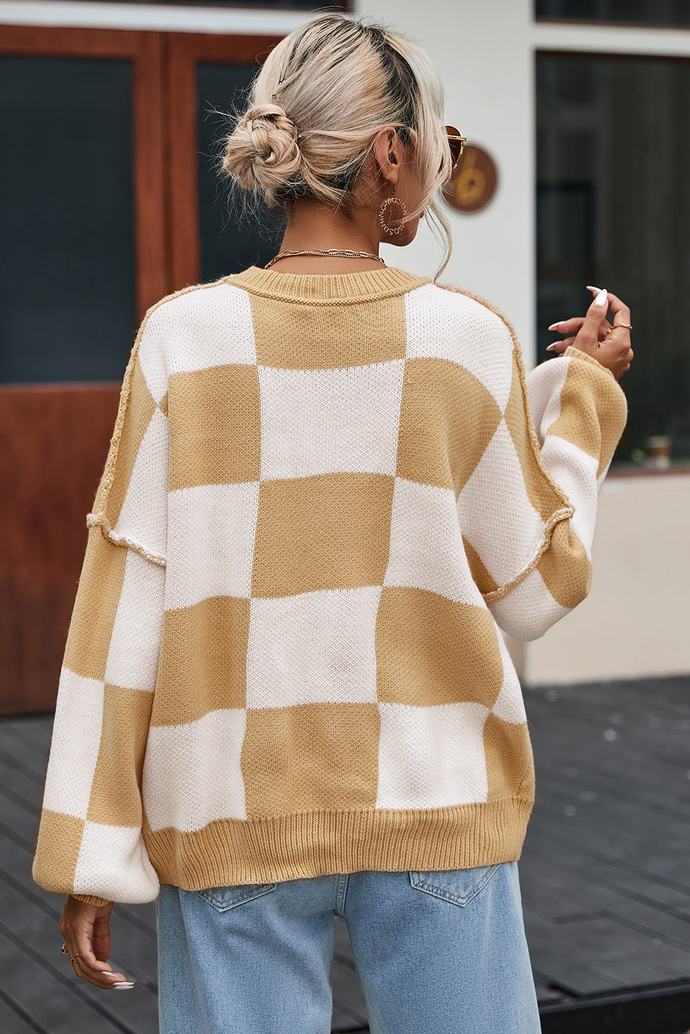 Khaki Checkered Bishop Sleeve Sweater Sweaters & Cardigans JT's Designer Fashion