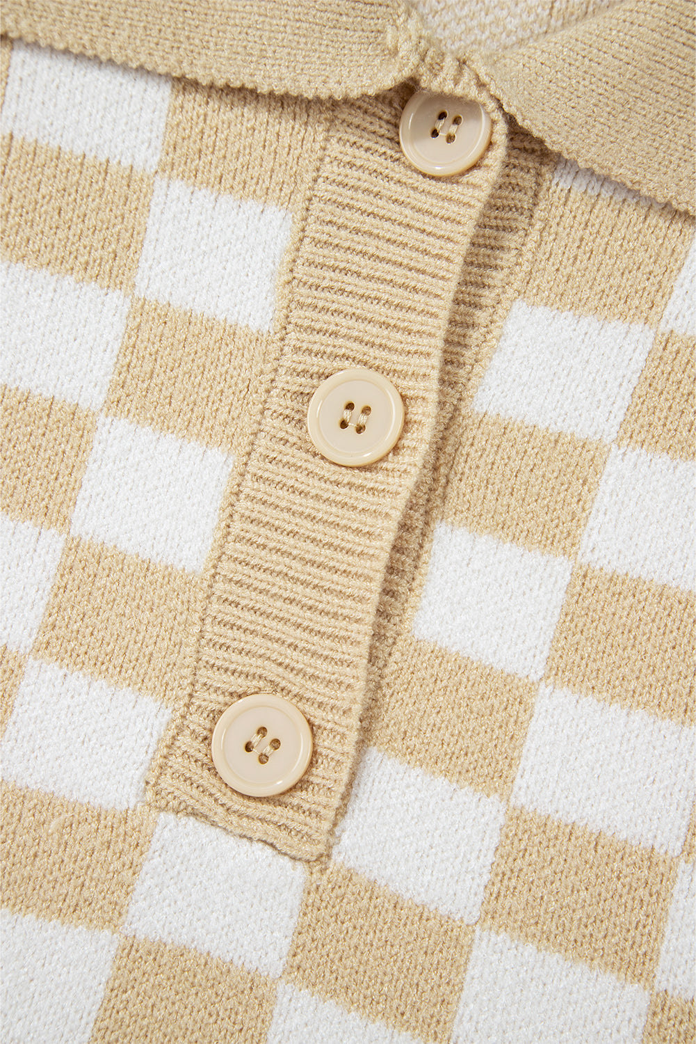 Apricot Checkered Buttons Collar V Neck Drop Shoulder Sweater Sweaters JT's Designer Fashion