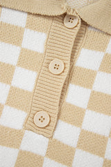 Apricot Checkered Buttons Collar V Neck Drop Shoulder Sweater Sweaters JT's Designer Fashion