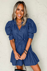 Blue Drawstring High Waist Puff Sleeve Denim Mini Dress Mini Dresses JT's Designer Fashion