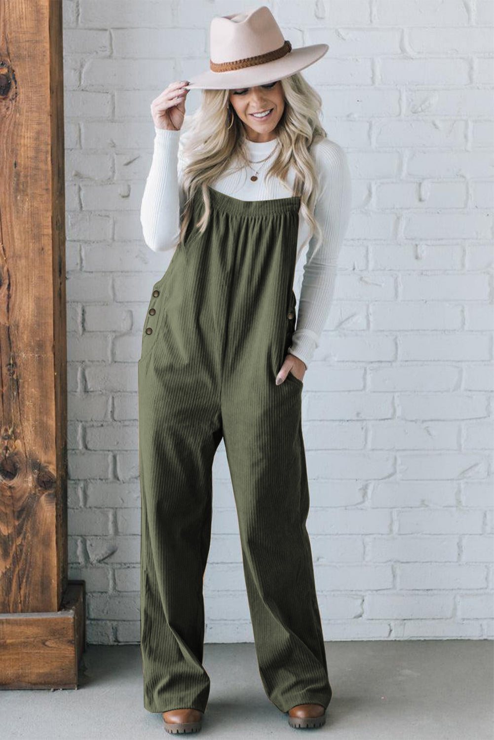Jungle Green Solid Pocketed Loose Fit Corduroy Overall Jumpsuits & Rompers JT's Designer Fashion