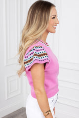 Bright Pink Colorblock Printed Crewneck Short Sleeve Sweater Sweaters & Cardigans JT's Designer Fashion
