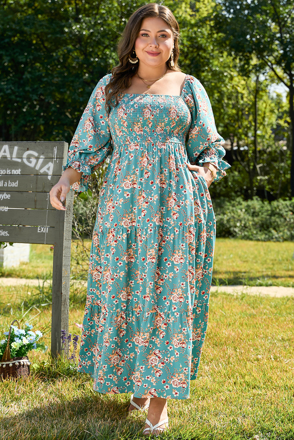 Green Plus Size Floral Print Square Neck Smocked Maxi Dress Plus Size Maxi Dresses JT's Designer Fashion