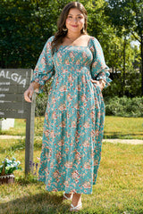 Green Plus Size Floral Print Square Neck Smocked Maxi Dress Plus Size Maxi Dresses JT's Designer Fashion