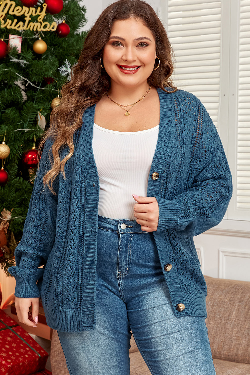 Real Teal Open Knit V Neck Button Front Drop Shoulder Plus Size Cardigan Real Teal 60%Cotton+40%Acrylic Plus Size Sweaters & Cardigans JT's Designer Fashion