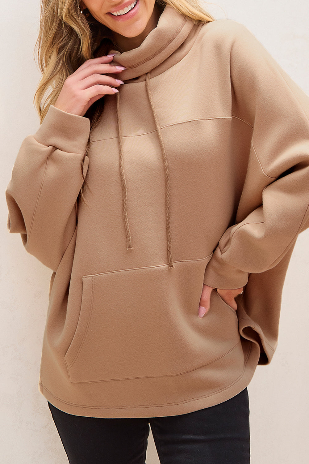 Light French Beige Drawstring Turtleneck Dolman Sleeve Sweatshirt Sweatshirts & Hoodies JT's Designer Fashion