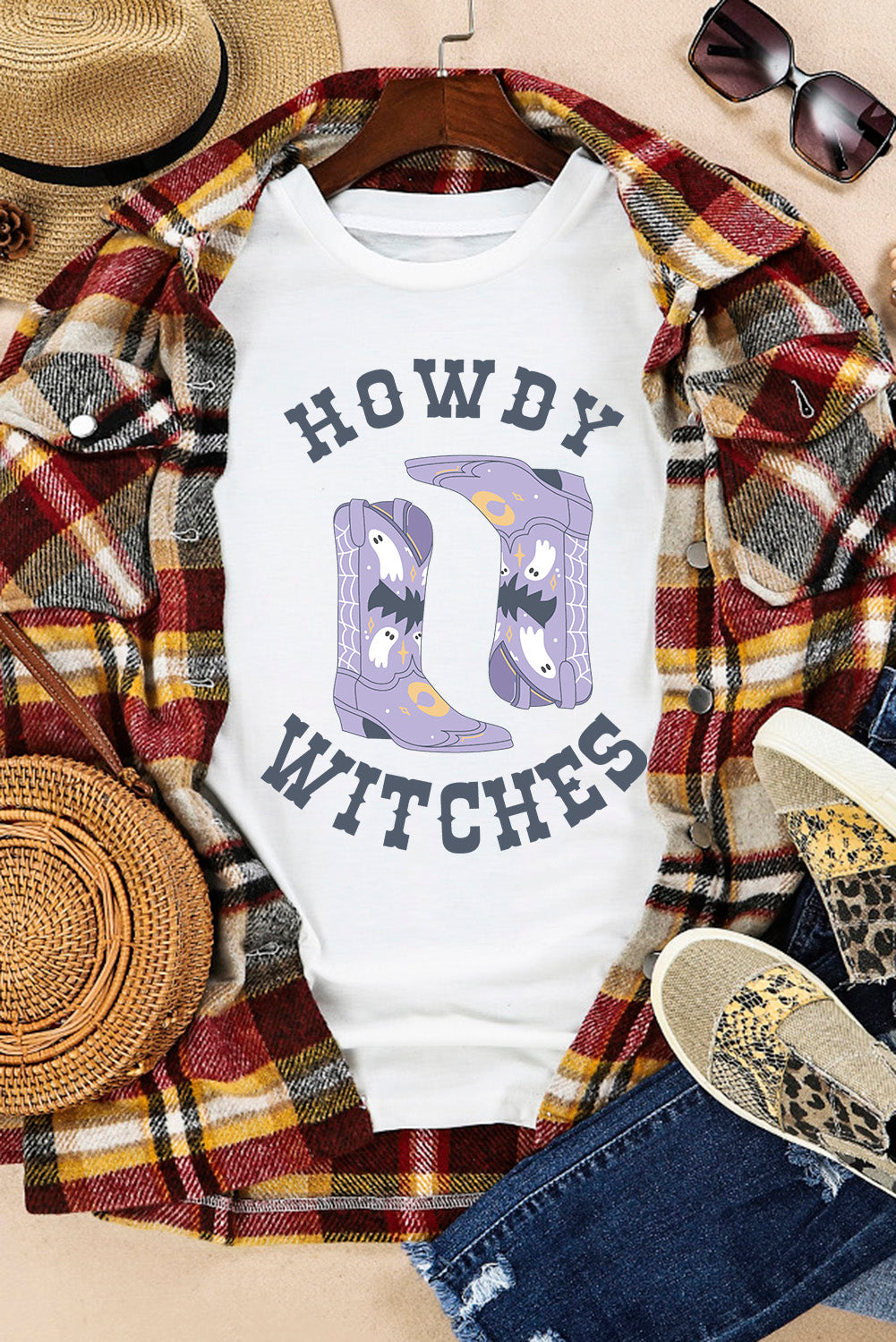 White HOWDY WITCHES Halloween Boots Crewneck T Shirt Graphic Tees JT's Designer Fashion