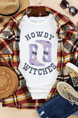 White HOWDY WITCHES Halloween Boots Crewneck T Shirt Graphic Tees JT's Designer Fashion