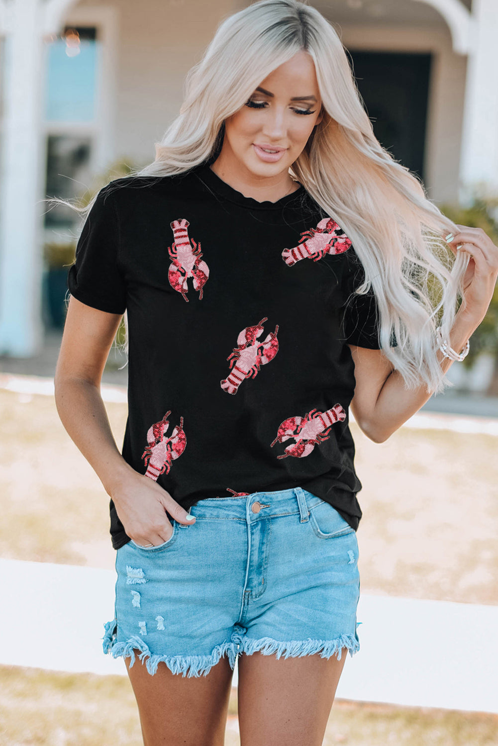 Black Sequined Crayfish Round Neck Graphic Tee Graphic Tees JT's Designer Fashion