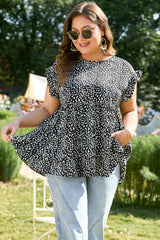 Black Leopard Print Ruffled Short Sleeve Keyhole Back Tiered Flowy Plus Size Blouse Plus Size Blouses & Shirts JT's Designer Fashion