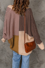Brown Color Block Loose Open Front Knitted Cardigan Sweaters & Cardigans JT's Designer Fashion