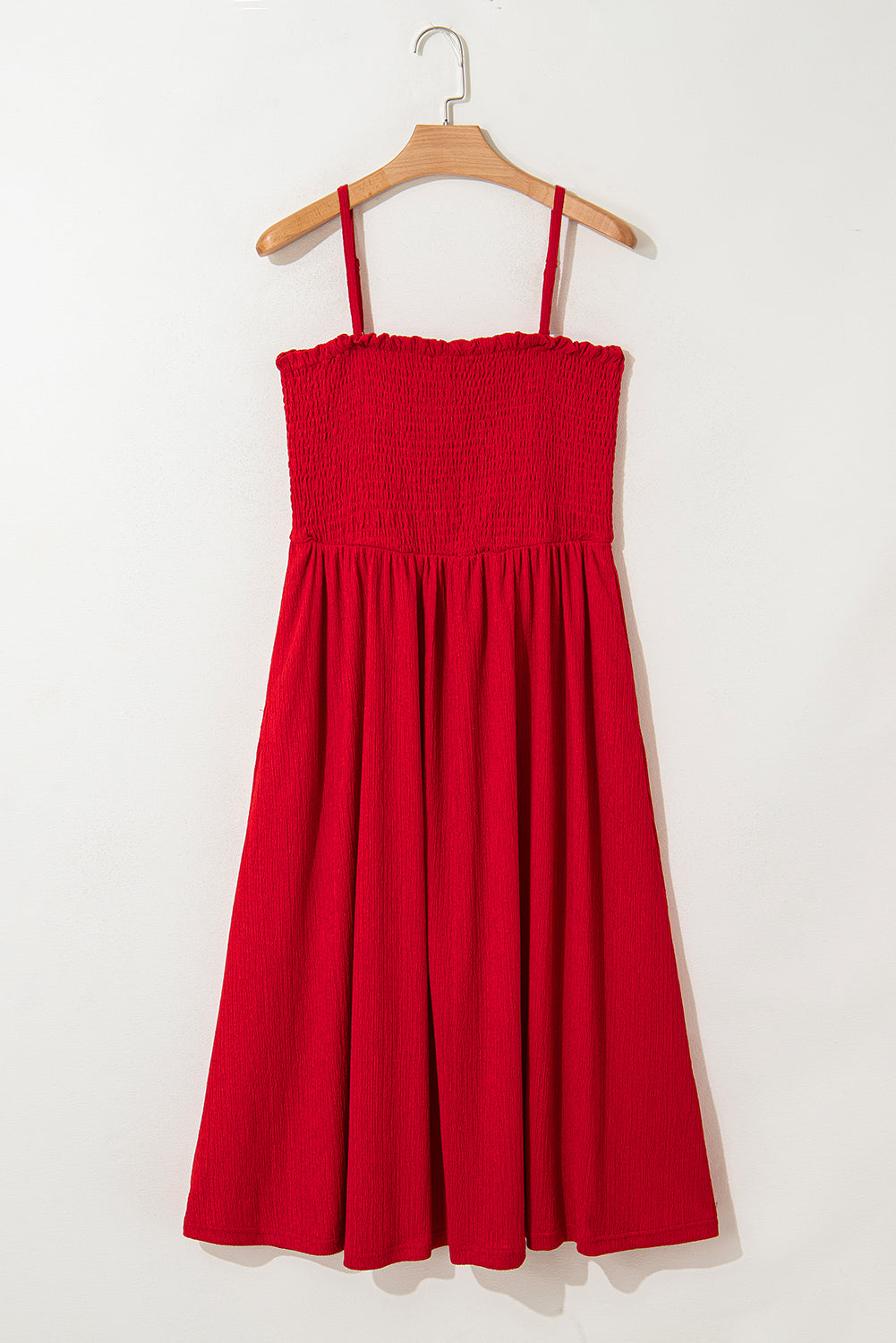 Racing Red Textured Shirred Ruffled Trim Spaghetti Strap Midi Dress Midi Dresses JT's Designer Fashion