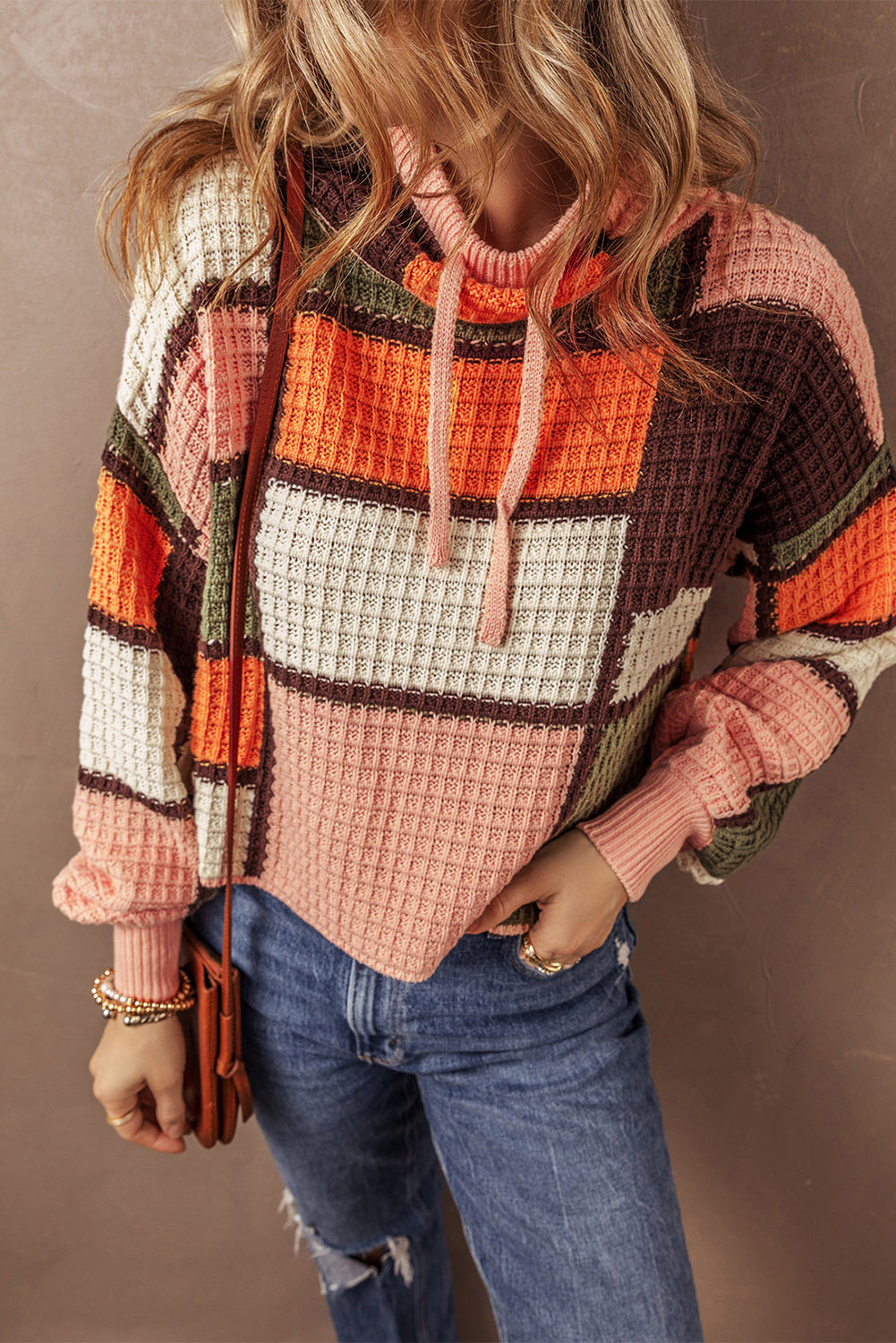 Orange Color Block Waffle Knit Drawstring Mock Neck Sweater Sweaters JT's Designer Fashion