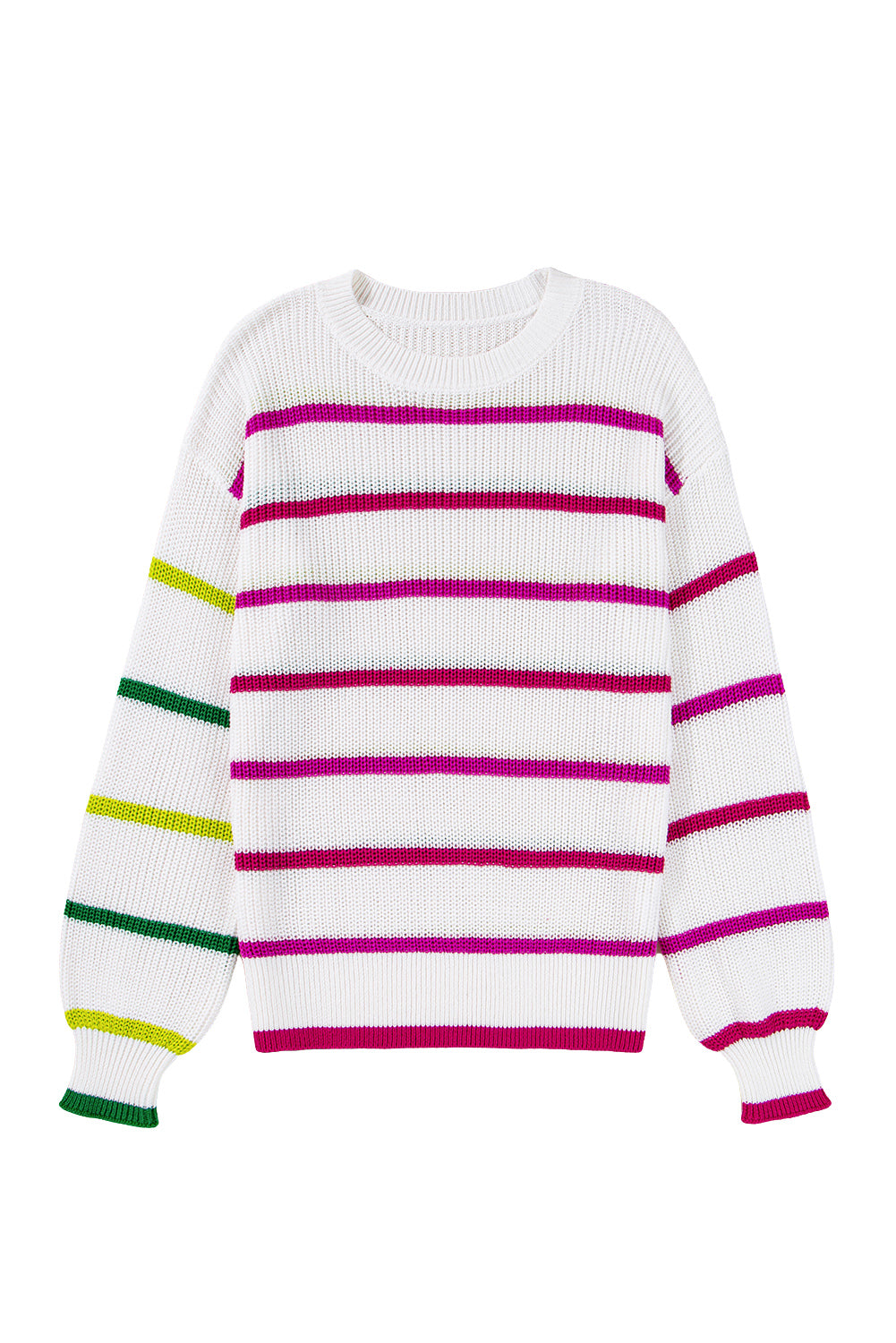 White Colorful Striped Drop Shoulder Crew Neck Sweater Sweaters JT's Designer Fashion