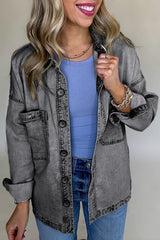 Medium Grey Mineral Wash Patched Pocket Split Denim Jacket Medium Grey 95%Cotton+5%Polyester Denim Jackets JT's Designer Fashion
