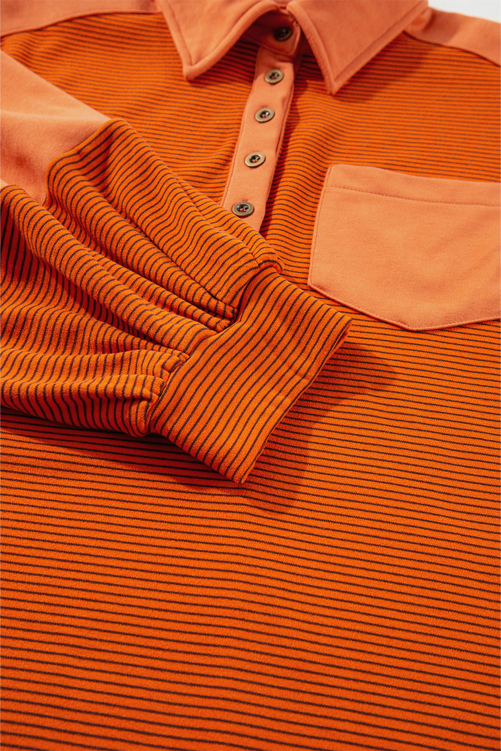 Orange Stripe Exposed Seam Henley Turn-down Neck Puff Sleeve Sweatshirt Sweatshirts & Hoodies JT's Designer Fashion