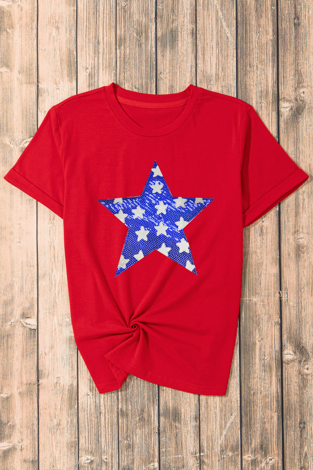 Red Sequin Star Graphic Crewneck T Shirt Graphic Tees JT's Designer Fashion