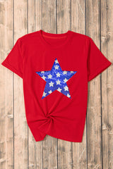 Red Sequin Star Graphic Crewneck T Shirt Graphic Tees JT's Designer Fashion