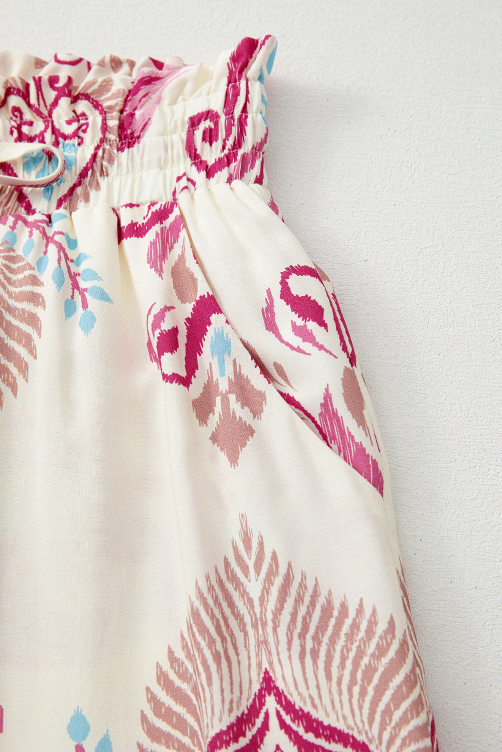 Rose Boho Printed Shirred High Waist Flowy Wide Leg Pants Pants & Culotte JT's Designer Fashion