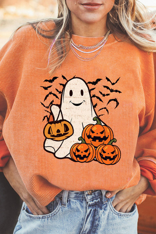 Orange Halloween Ghost Pumpkin Bat Print Corded Pullover Sweatshirt Orange-3 100%Polyester Graphic Sweatshirts JT's Designer Fashion