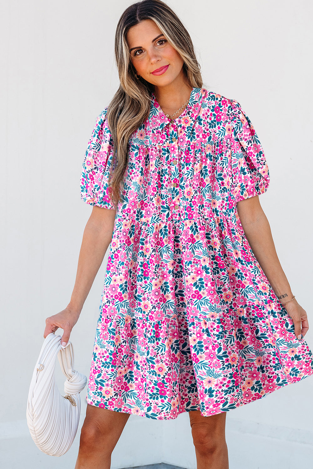 Pink Floral Collared Half Placket Short Sleeve Loose Dress Floral Dresses JT's Designer Fashion