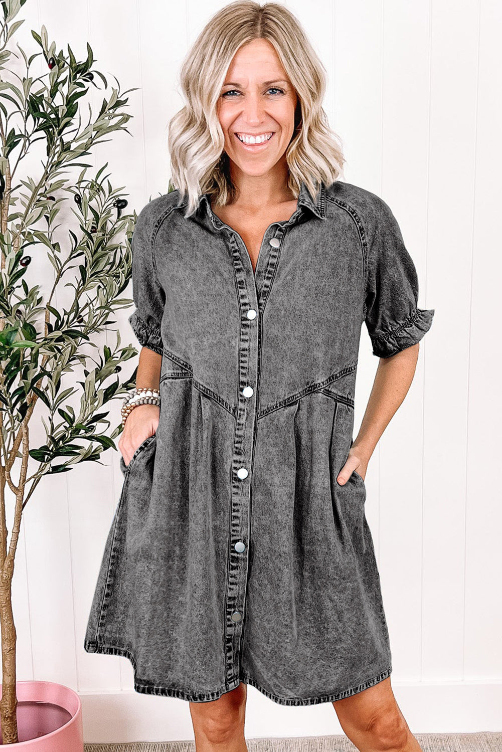 Medium Grey Mineral Wash Ruffled Short Sleeve Buttoned Denim Dress Dresses JT's Designer Fashion