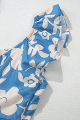 Sky Blue Floral U Neck Flutter Shoulder Tiered Flowy Midi Dress Floral Dresses JT's Designer Fashion