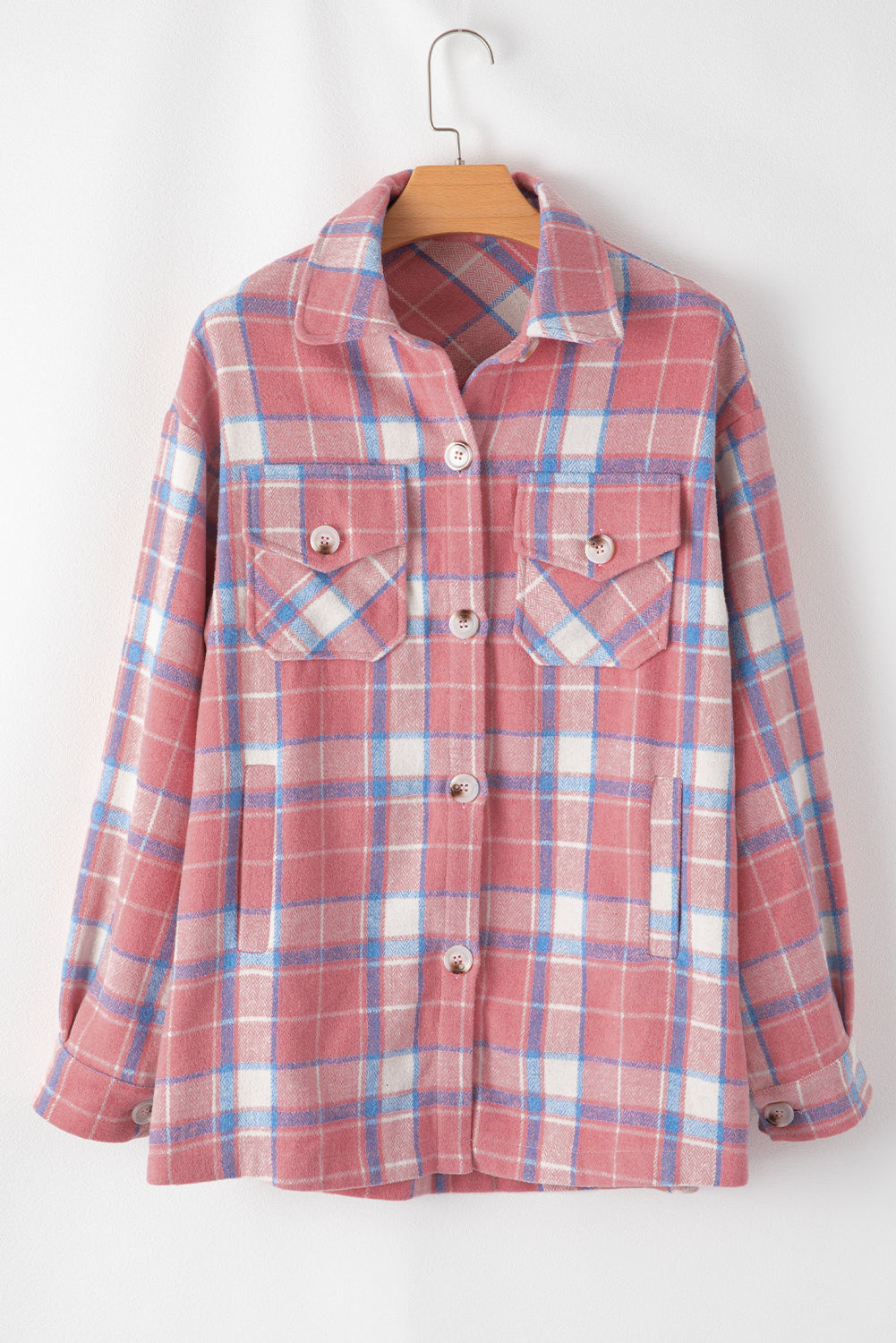 Pink Plaid Flap Pocket Button Up Shacket Plaid Shackets JT's Designer Fashion