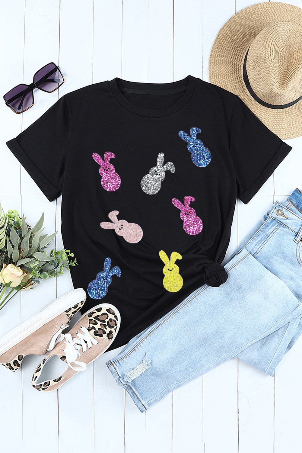 Black Sequin Bunny Doll Graphic Easter Day T Shirt Graphic Tees JT's Designer Fashion