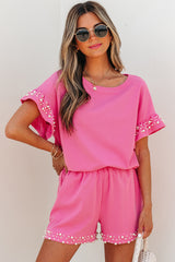 Bright Pink Textured Pearled Ruffle Sleeve Top 2 Piece Shorts Set Bright Pink 97%Polyester+3%Elastane Short Sets JT's Designer Fashion
