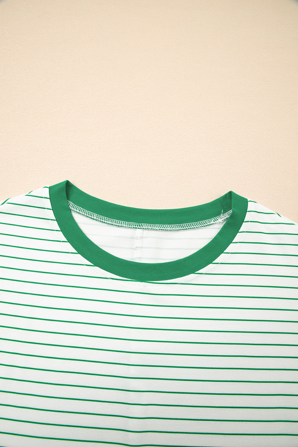 Green Stripe Ruffled Short Sleeve Crew Neck T Shirt Shift Mini Dress T Shirt Dresses JT's Designer Fashion
