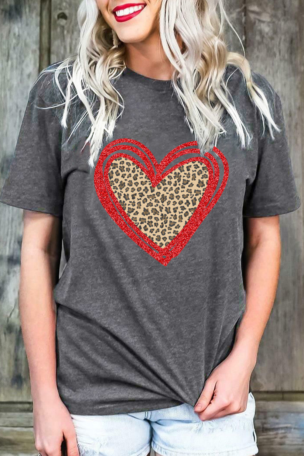 Gray Sequin Leopard Heart Graphic T-shirt Graphic Tees JT's Designer Fashion