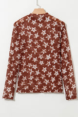 Red Mesh Star Print Mock Neck Sheath Long Sleeve Top Long Sleeve Tops JT's Designer Fashion