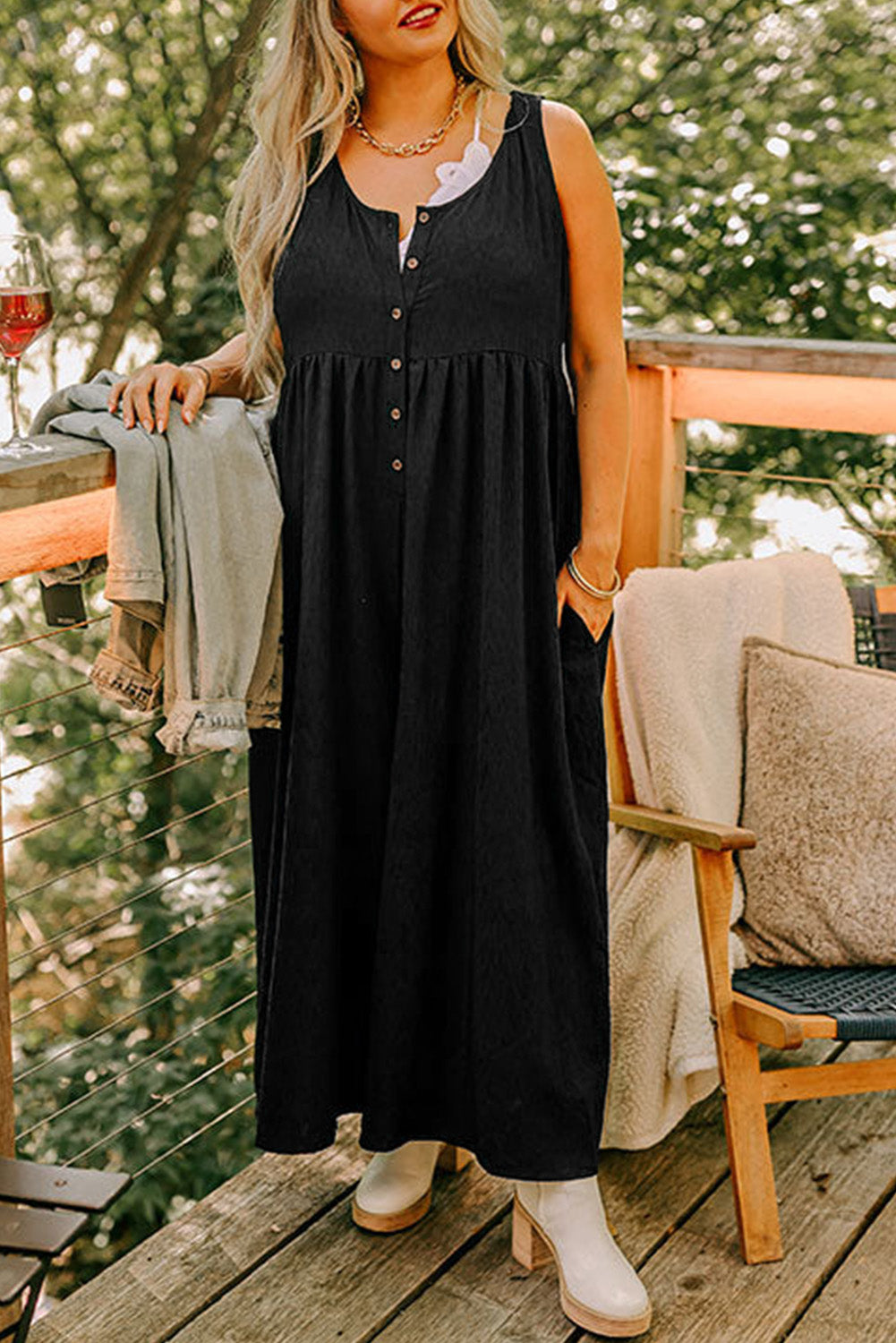 Black Plus Size Sleeveless Button Front Loose Jumpsuit Black 60%Polyester+35%Viscose+5%Elastane Plus Size Bottoms JT's Designer Fashion