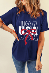 Blue USA Bow Printed Casual Cotton Blend T Shirt Graphic Tees JT's Designer Fashion