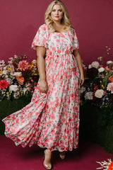 Pink Plus Size Floral Square Neck Puff Sleeve Ruffle Maxi Dress Plus Size Dresses JT's Designer Fashion